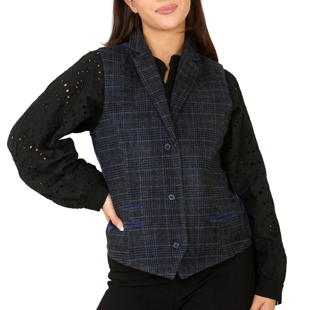 “Chaleco Tweed Estampado Azul: Elegancia Sofisticada para Mujer Moderna”