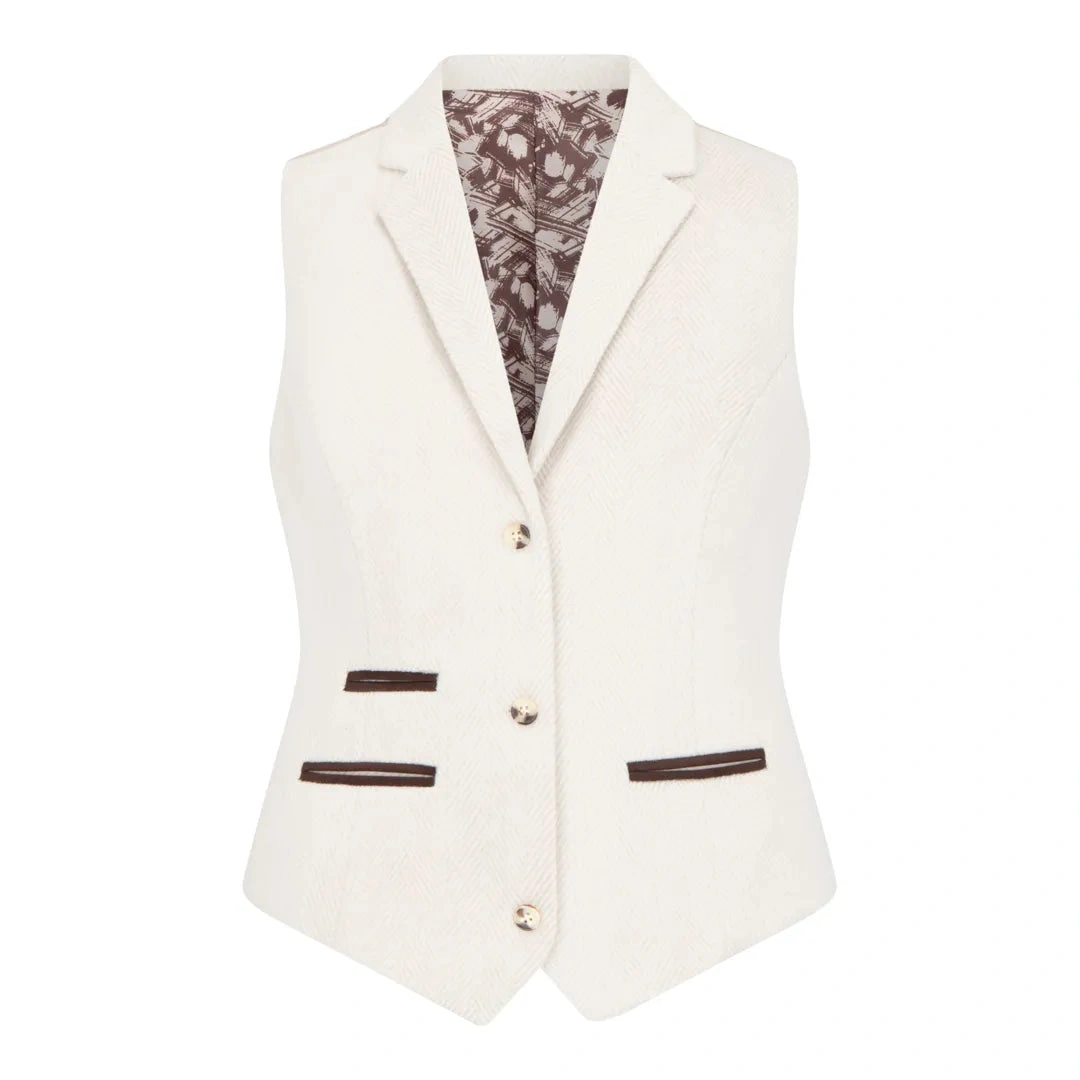 WSN15 - Elegante Americana Tweed Mezcla Lana Crema para Mujer, Chaleco Incluido - ¡Imprescindible!